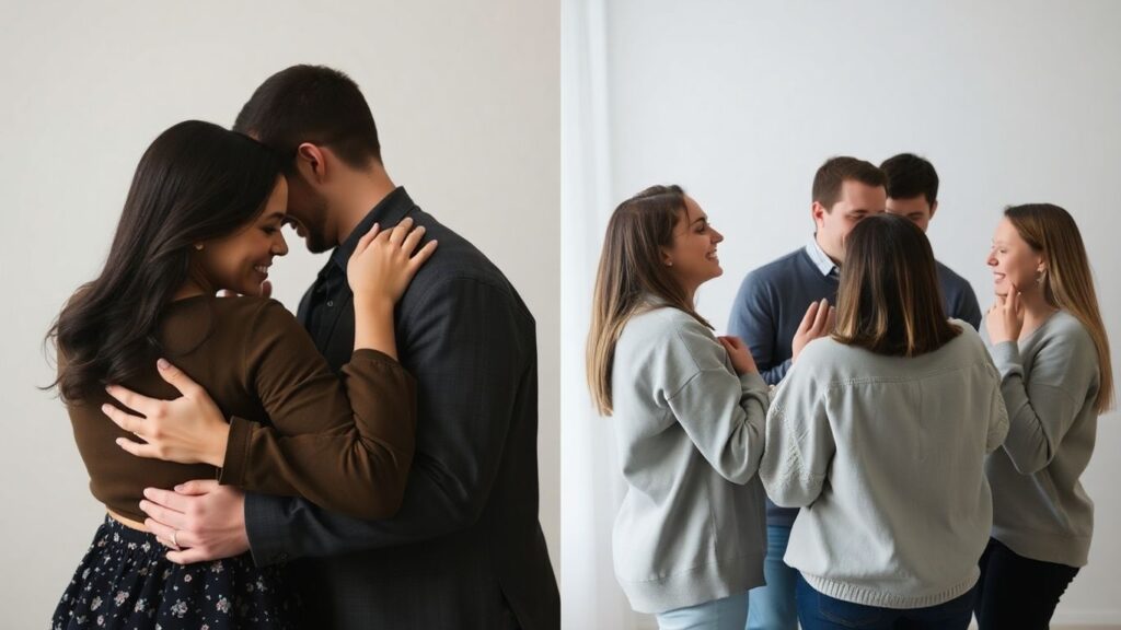 Couple embracing vs. multiple people interacting.
