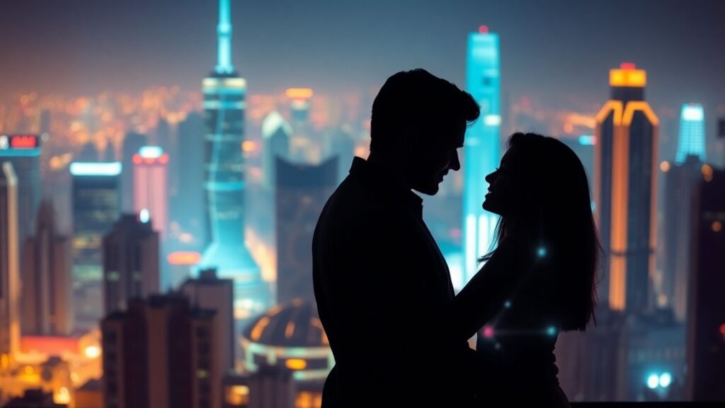 Couple embracing with futuristic AI dating app interface.