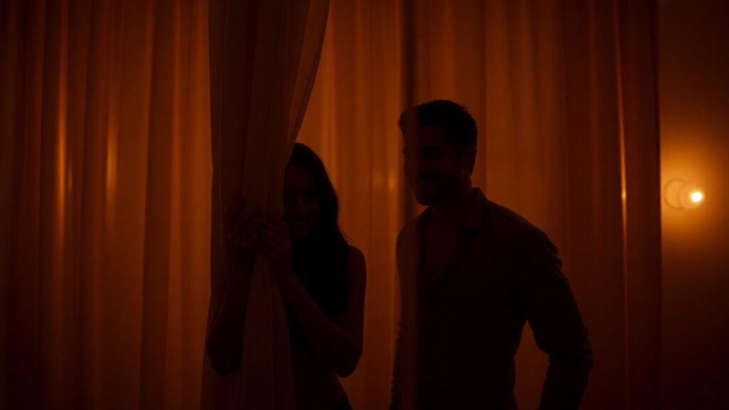 Couple exploring exhibitionism consensually in a bedroom.