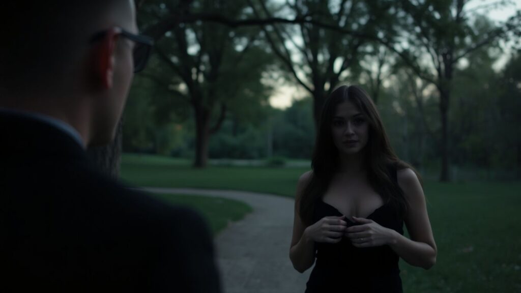 Couple exploring exhibitionism outdoors at dusk.