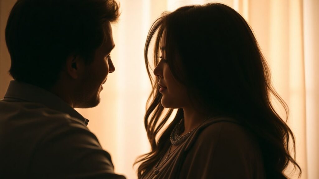 Couple in intimate embrace, soft lighting