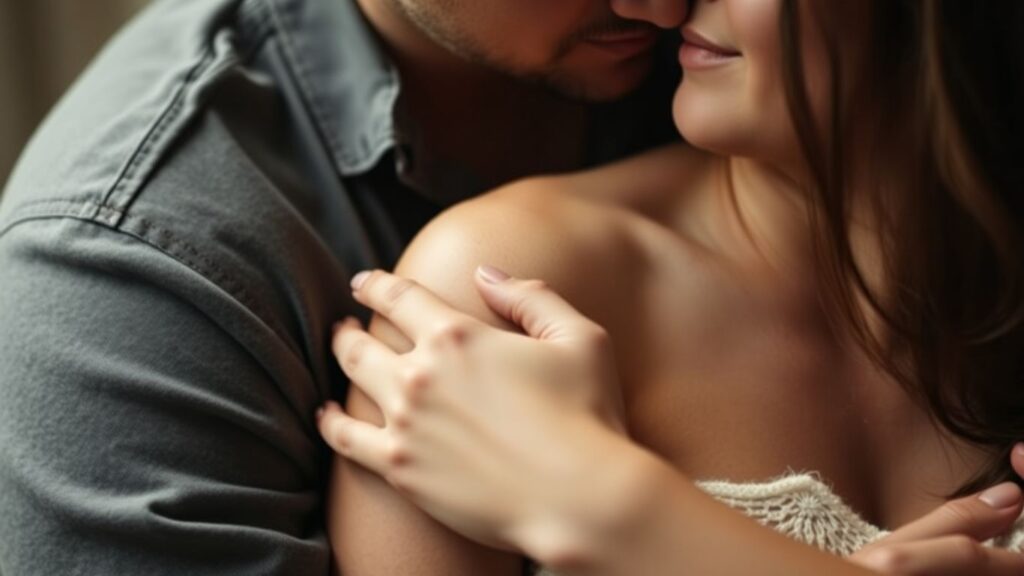 Couple in intimate embrace, soft lighting, sensual atmosphere.