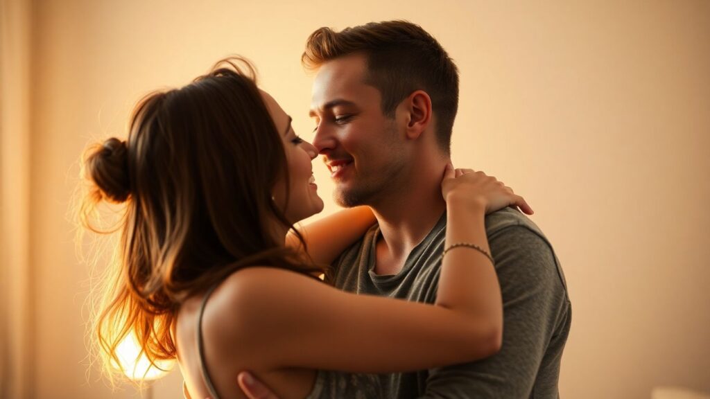 Couple in intimate embrace, warm lighting