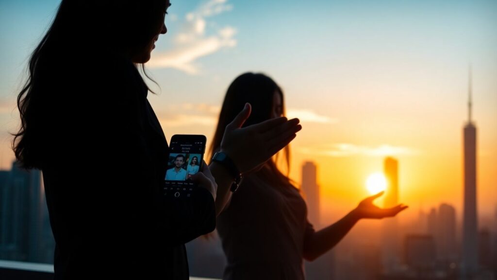 Couple interacting with AI dating app on phone.
