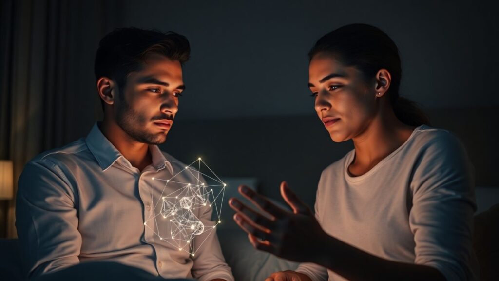 Couple interacting with AI interface in bedroom