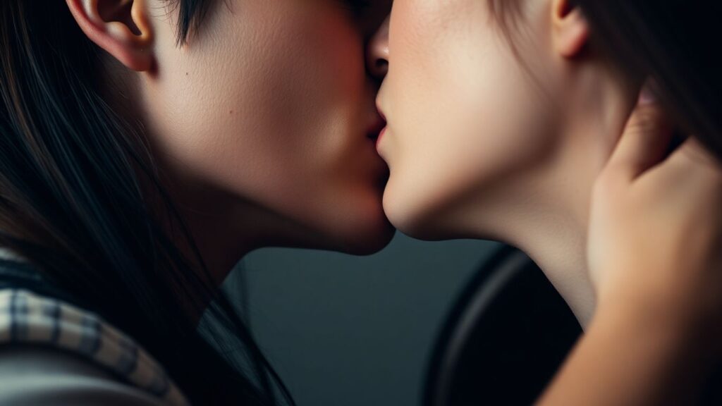 Couple kissing intimately, exploring different styles.