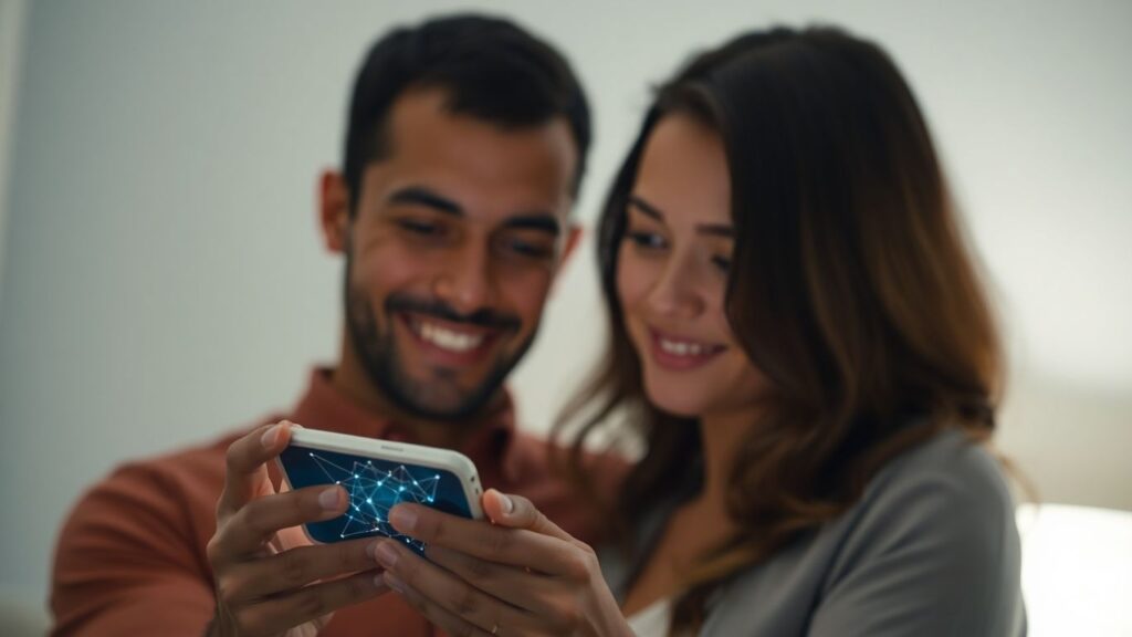 Couple looking at AI-driven app on phone.