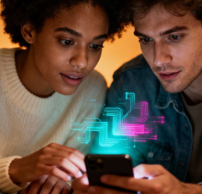 Couple looking at AI swinger app on phone.