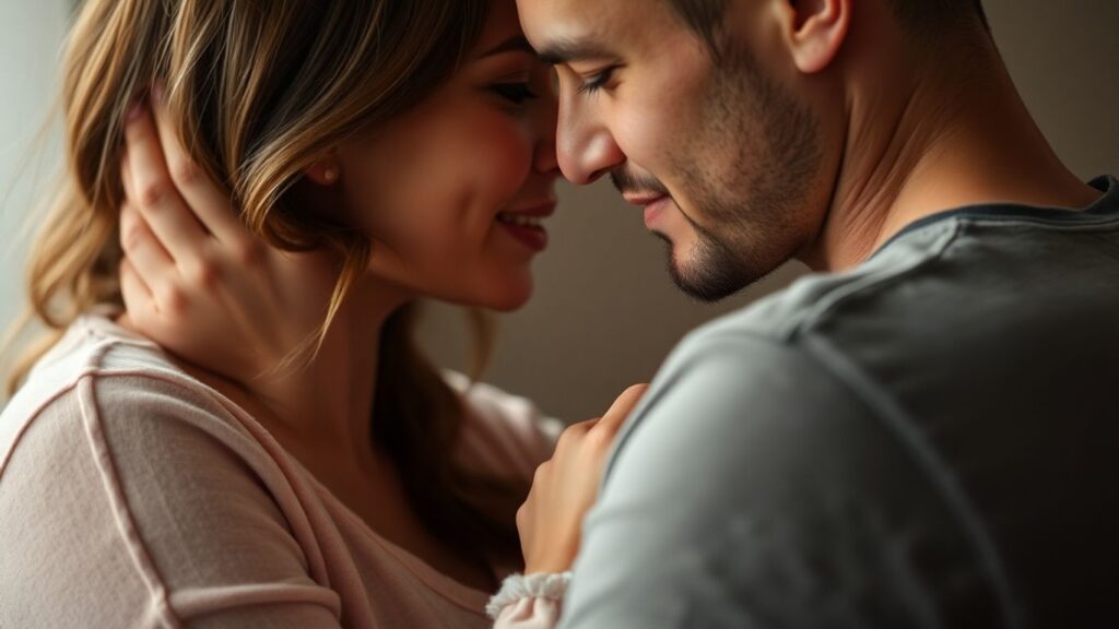 Couple sharing a secret, intimate moment.