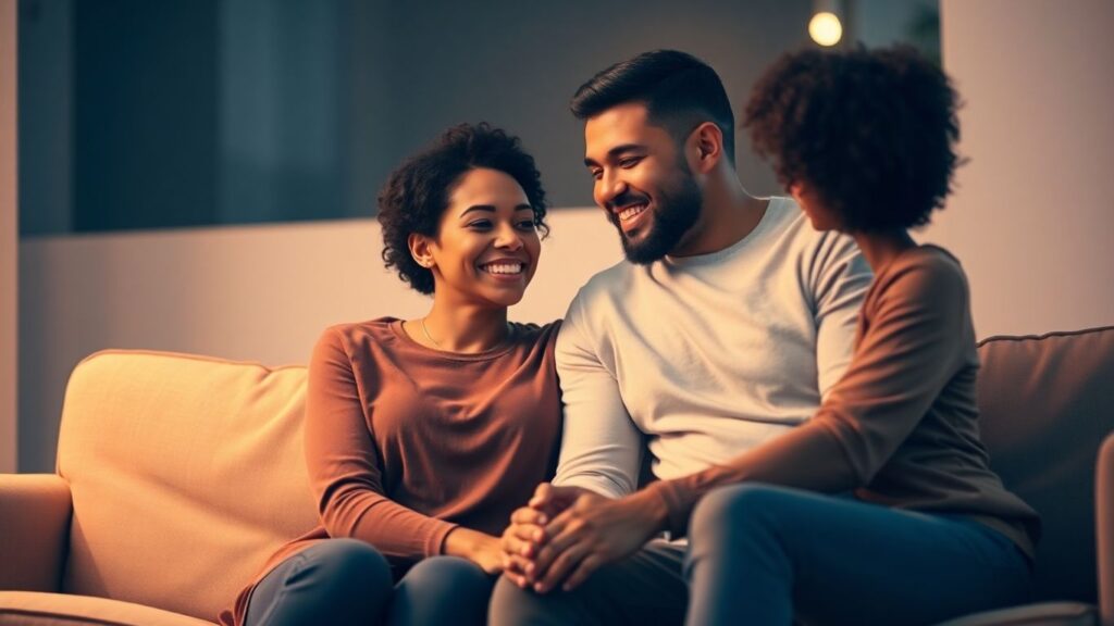 Couple smiling and holding hands on a couch.