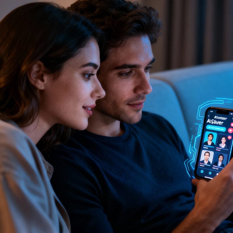 Couple using AI swinger app on phone