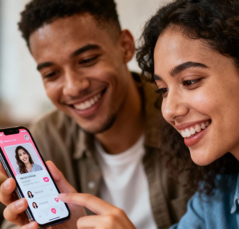 Couple using a dating app on a smartphone.