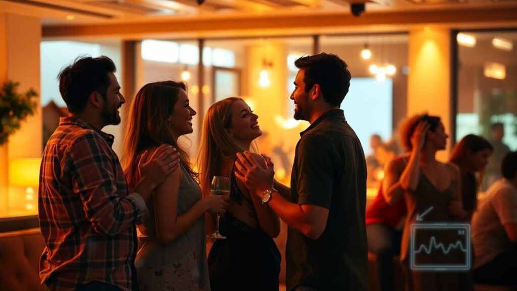 Couples connecting in a lounge with AI dating tech overlay.