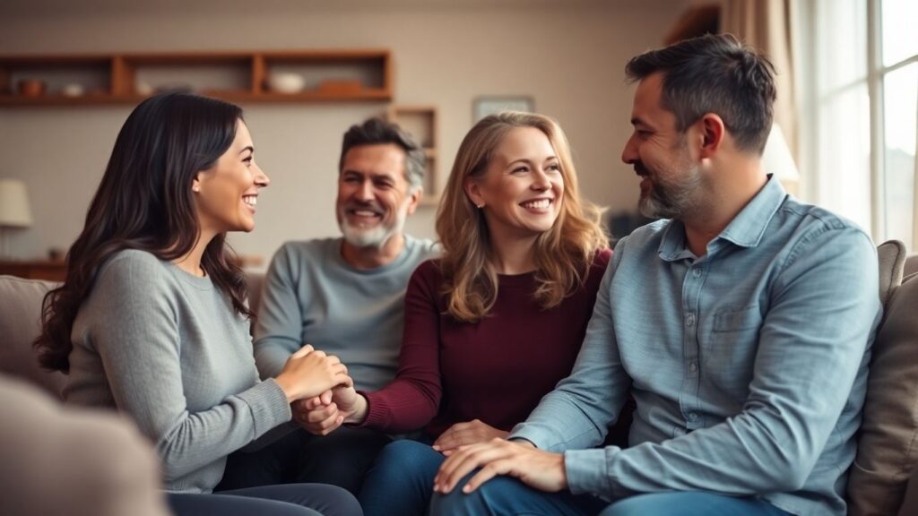 Couples discussing trust and intimacy in a living room.