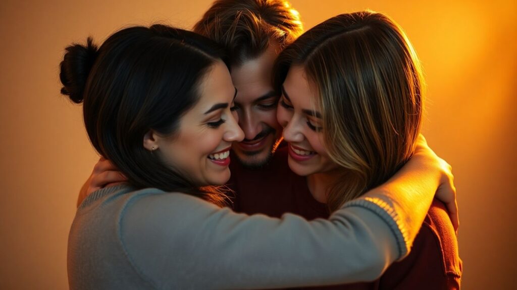 Couples embracing, exploring desire and openness