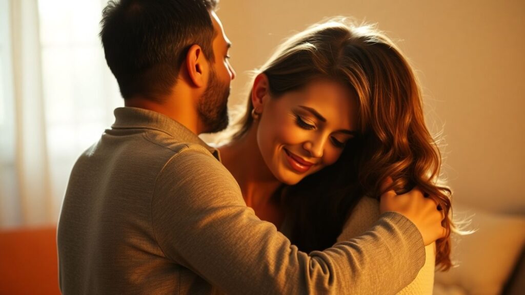 Couples embracing in a warm, intimate setting.