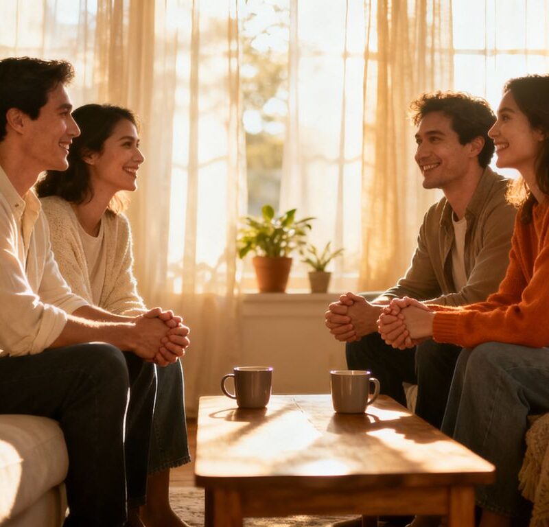 Couples holding hands in a cozy living room.