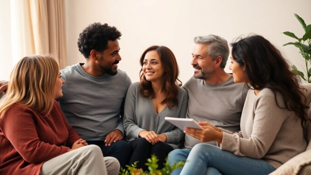 Couples in a living room discussing and sharing intimate moments.