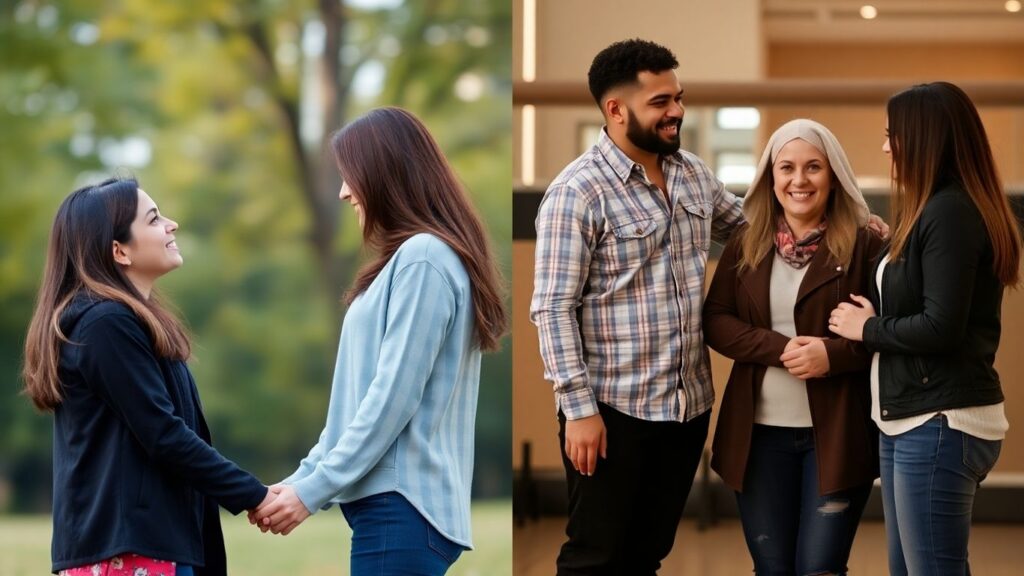 Couples in different relationship styles interacting.