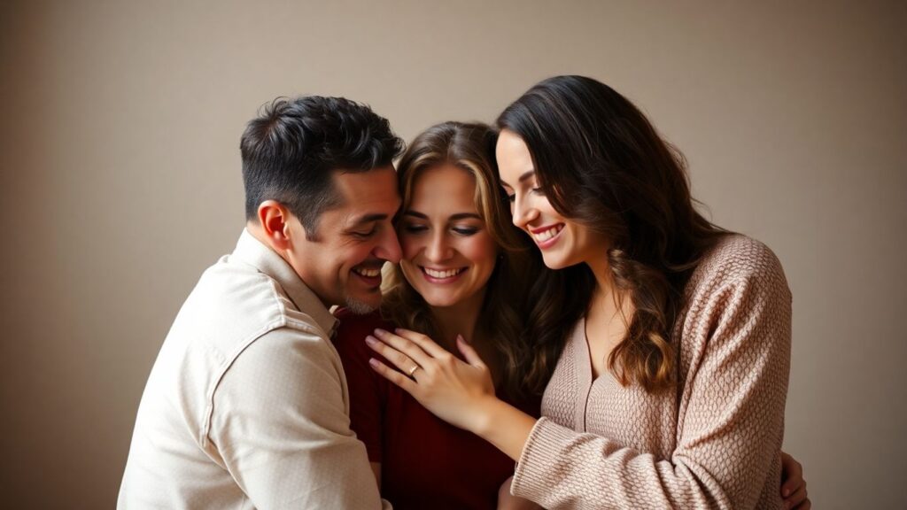 Couples in polyfidelitous relationship embracing warmly.