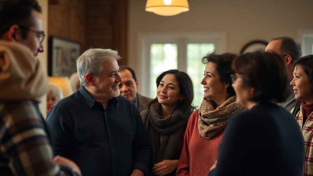 Diverse adults connecting in a relaxed, open setting.
