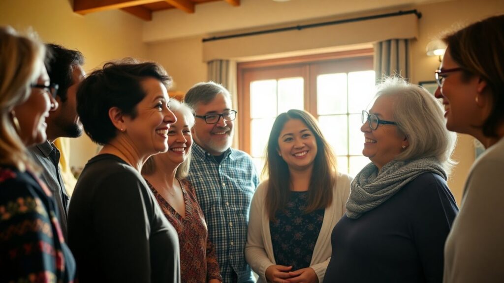 Diverse group connecting in a community space.