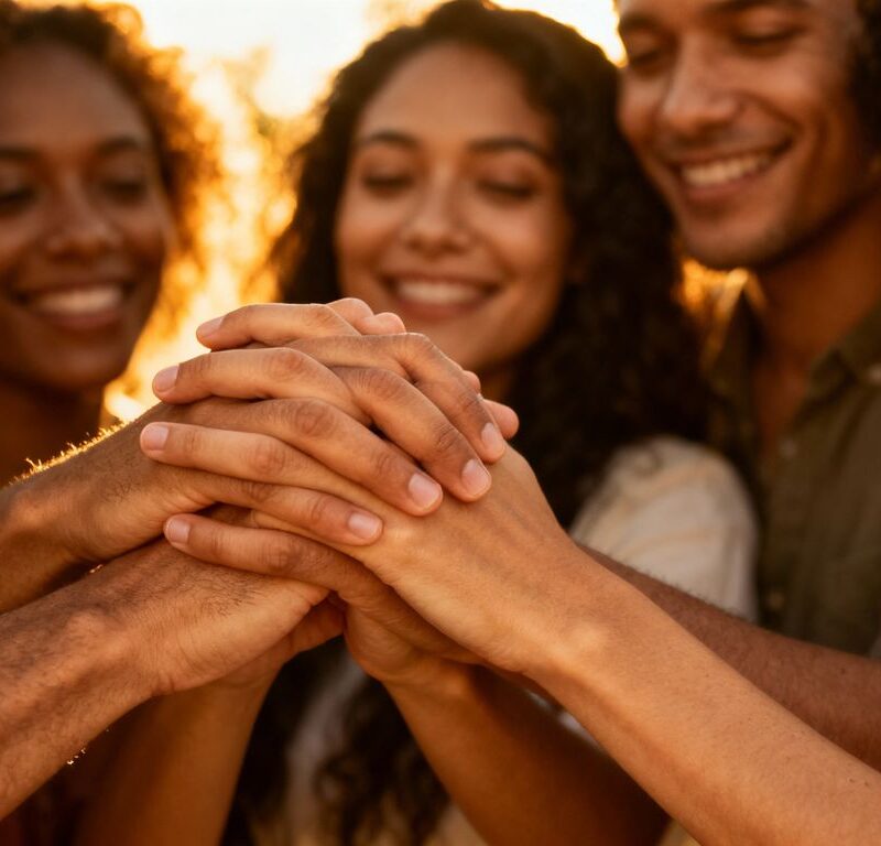 Diverse group in intimate embrace, hands connected.
