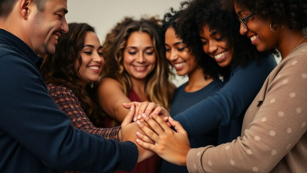 Diverse group in intimate embrace, hands connected, smiling.