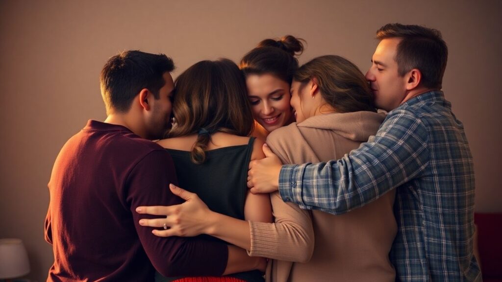Diverse group in intimate embrace, polyamorous relationship.