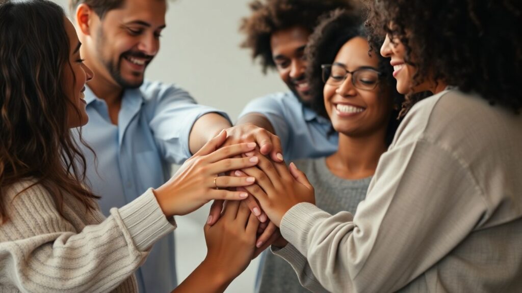 Diverse group in intimate embrace, showing affection and trust.