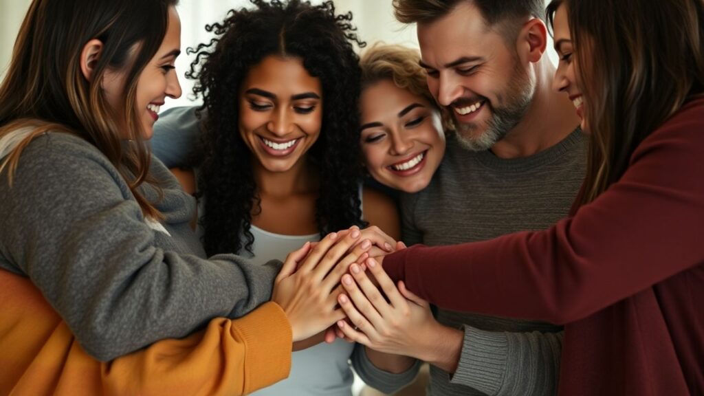 Diverse group in intimate embrace, symbolizing polyfidelitous commitment.