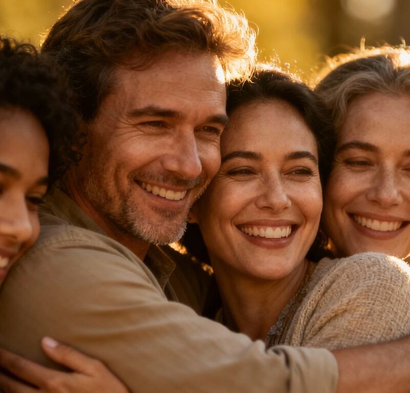 Diverse group in loving embrace, conveying connection and joy.