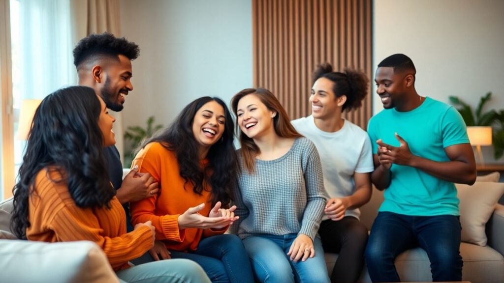 Diverse group interacting in a modern living room.