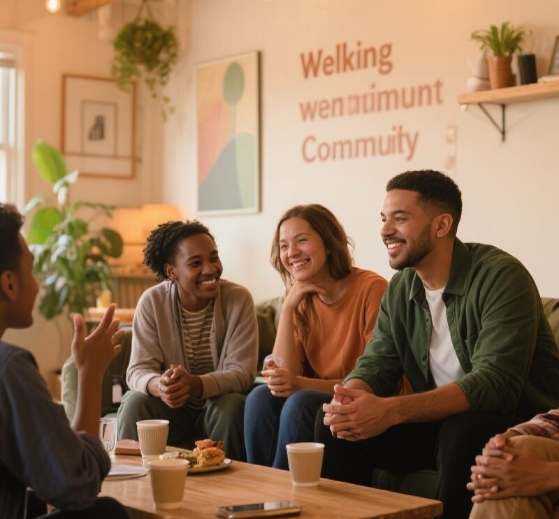 Diverse group of people connecting in a park.