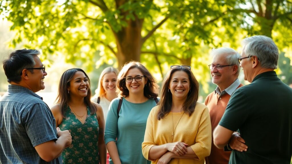 Diverse group of people connecting in a park.