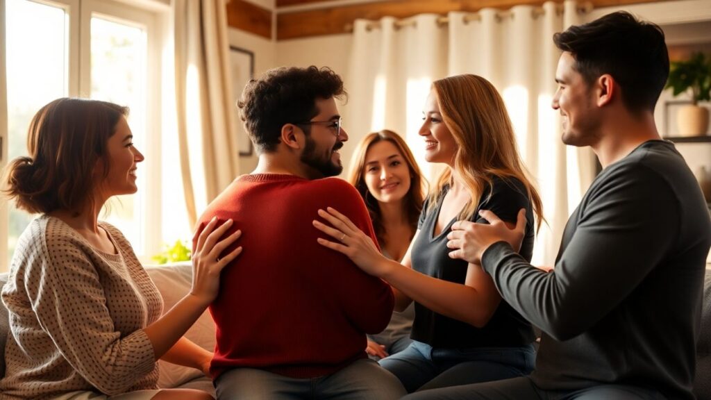 Diverse group sharing intimate moments in a warm setting.