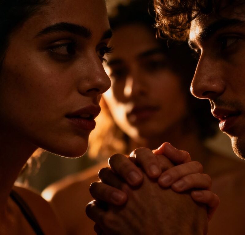 Diverse group sharing intimate pleasure beyond the norm.