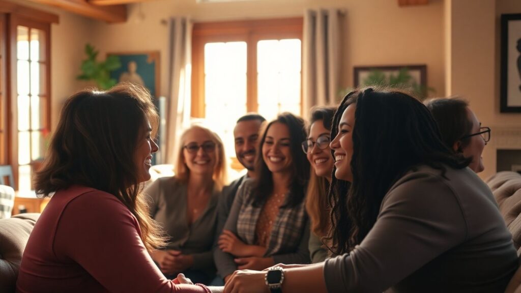 Diverse group sharing smiles and connection in a sunlit room.