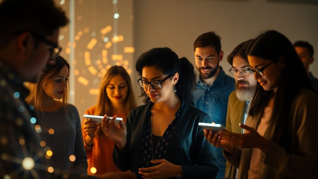 Diverse people interacting with abstract AI interfaces.