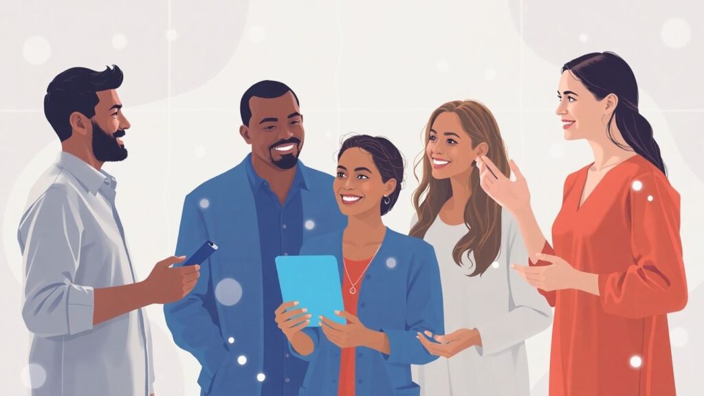 Diverse people interacting with abstract digital interfaces.