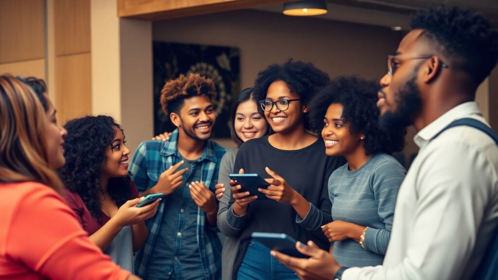 Diverse young adults discussing digital safety and consent.
