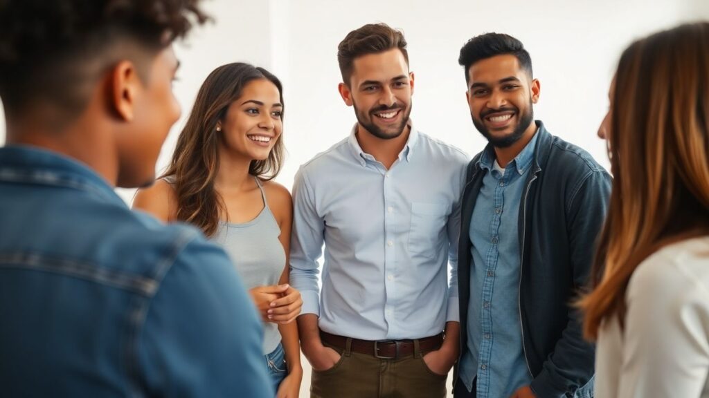 Diverse young adults discussing health and safety.