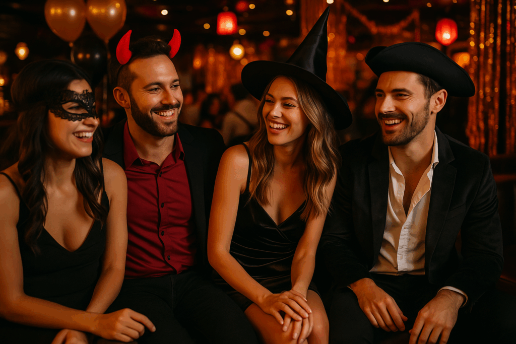 Four friends in creative but classy costumes at an upscale lounge