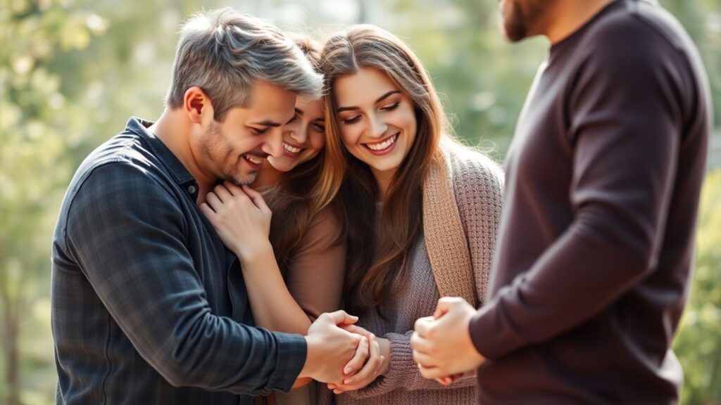Four people in a polyfidelitous relationship sharing a loving moment.