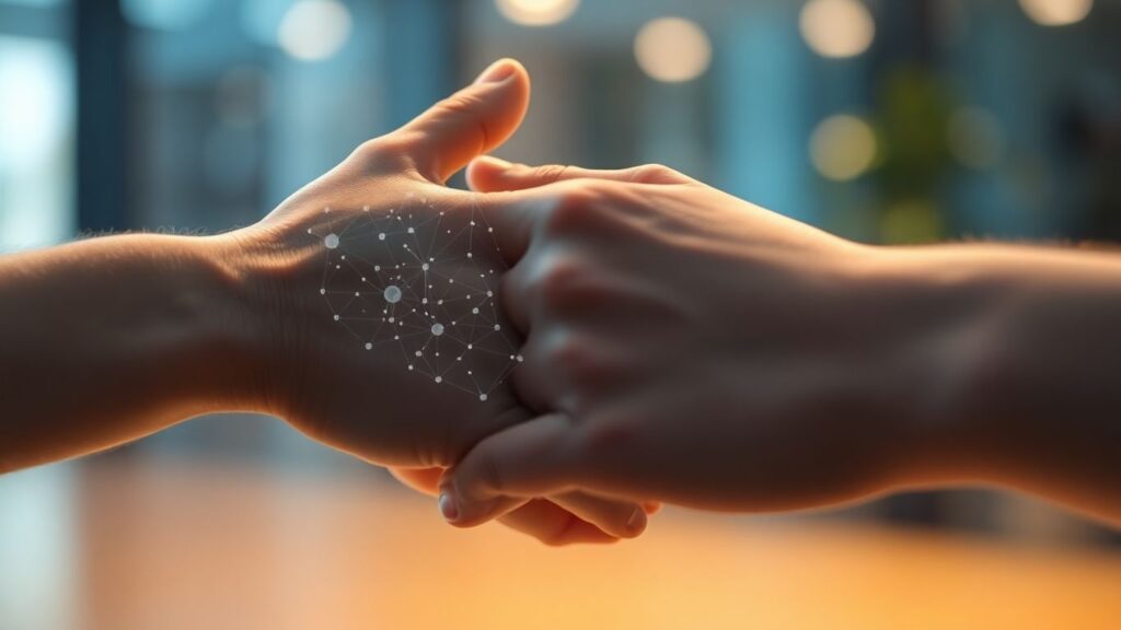 Hands connecting with digital overlay, safety and trust.