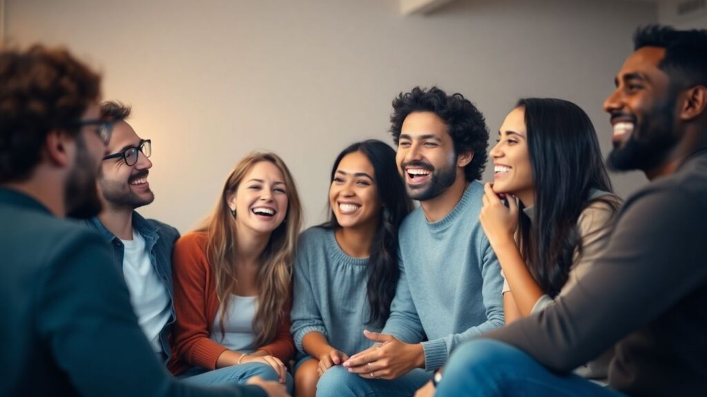 Happy young adults connecting in a modern living room.