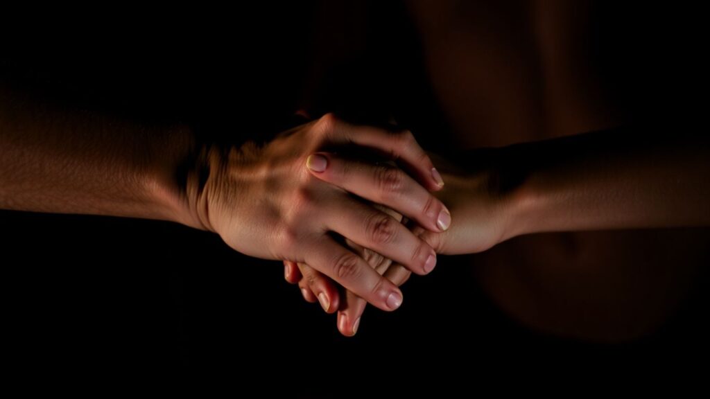 Intertwined hands in a dimly lit, intimate setting.