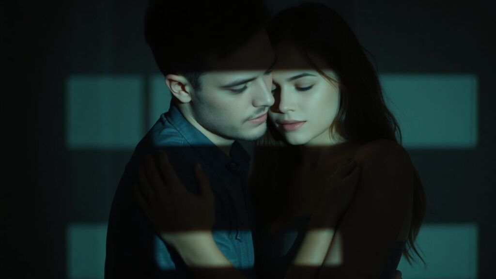 Intimate embrace, soft lighting, warm connection.