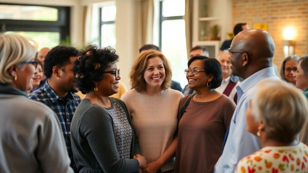 People connecting in a community setting, online and offline.