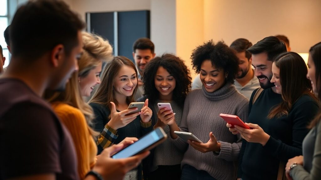 People using technology in a non-monogamous community gathering.